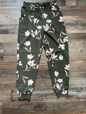 Floral Drawstring Jogger Pants - Olive
